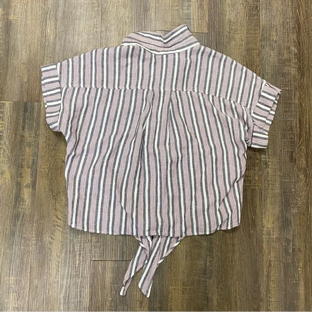 Cloth And Stone Striped Button-Up Tie-Front Top Rayon Linen Blend‎
